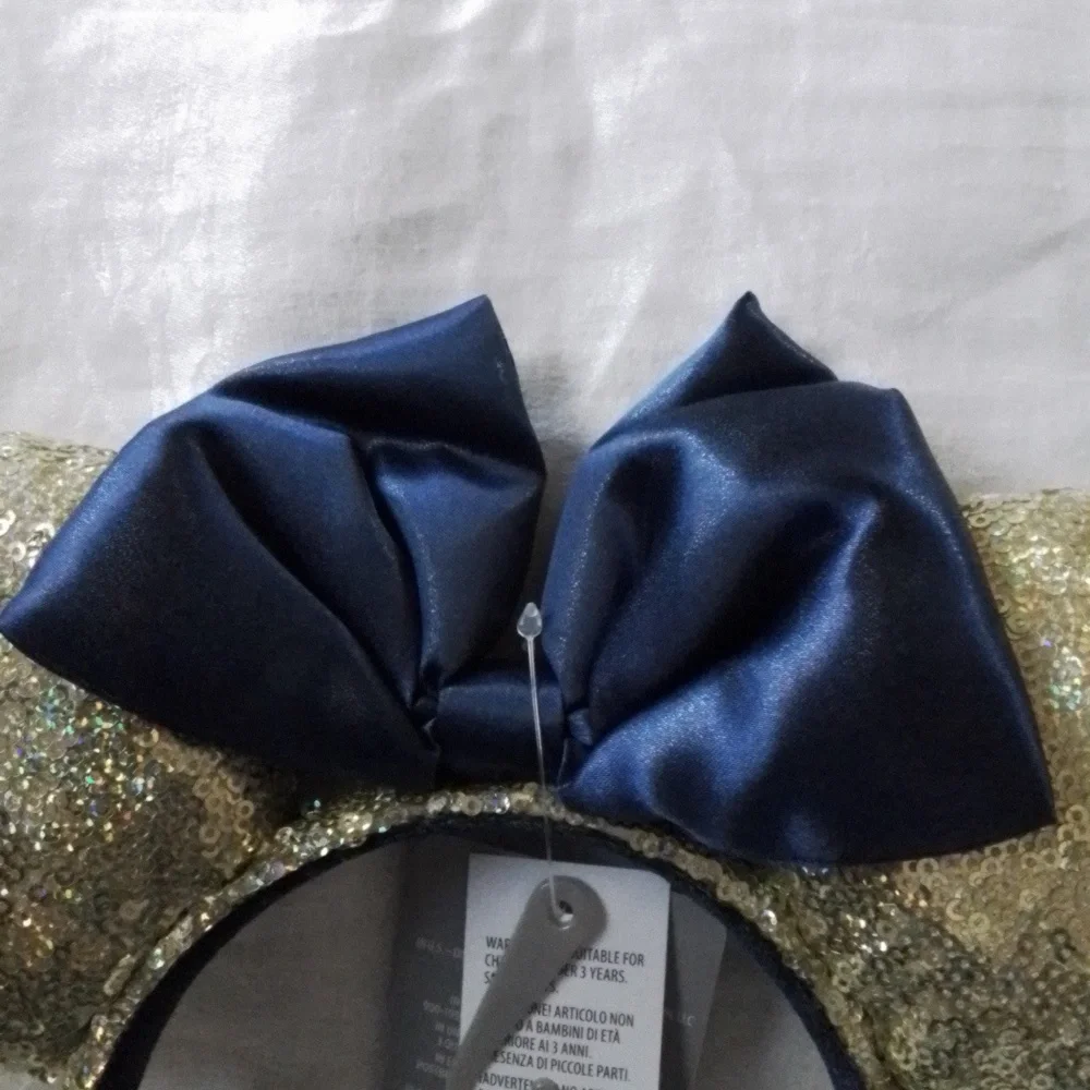 Disney World 50th Anniversary Gold Sequin Blue Satin Minnie Bow Ear Headband